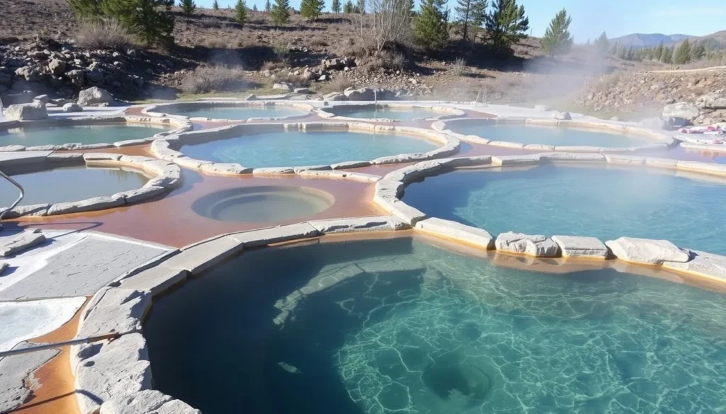 Image of the mineral hot springs in Lava Hot Springs, Idaho, with multiple pools of varying temperatures.