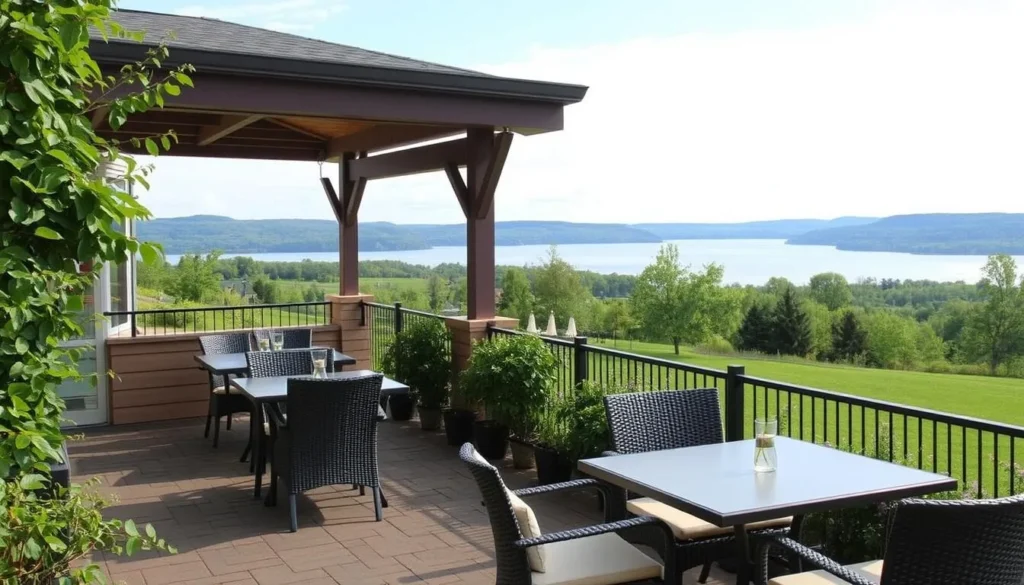 Image of the outdoor seating area at Fox Run Vineyards with a view of Seneca Lake
