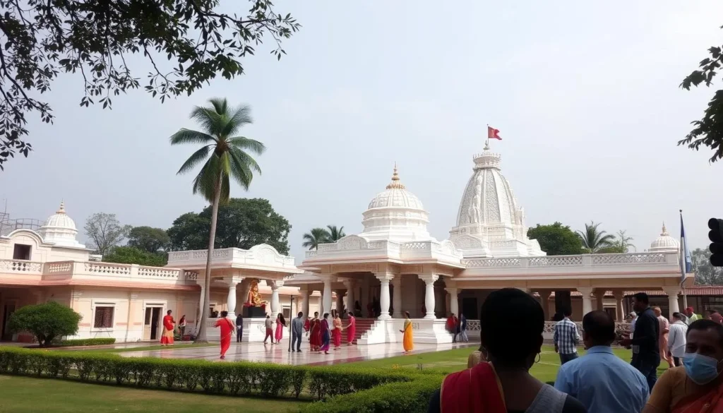 Image of the serene ISKCON Sangli temple complex with devotees engaging in spiritual activities