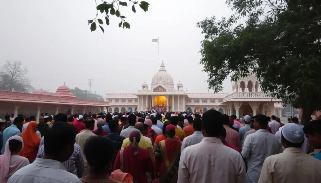 Image of the serene Sai Temple in Moradabad, with devotees gathered for worship