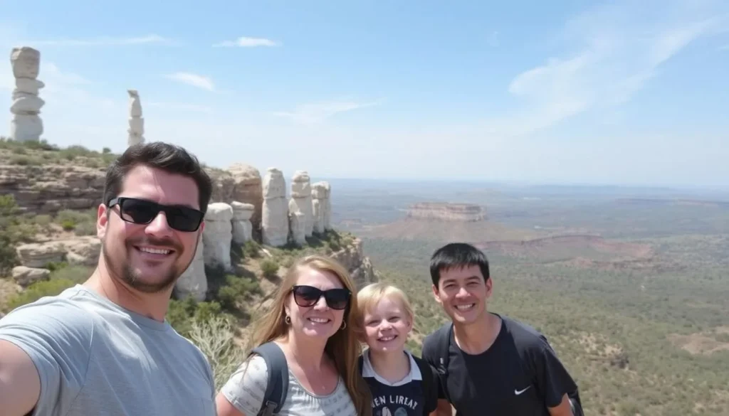 Image of the white pillars at Red Hill with a family enjoying the view