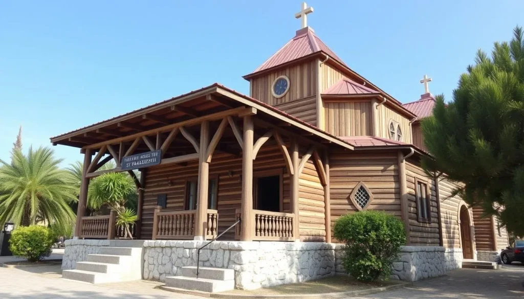 Image of the wooden Church of St. Paraskevi with a caption highlighting its unique architecture