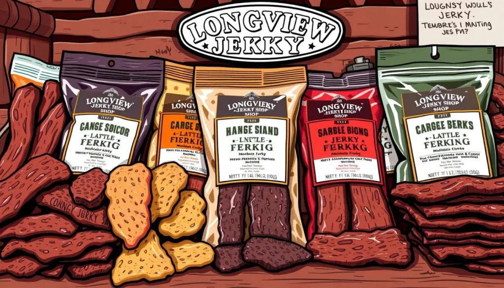 Image of various flavors of jerky available at the Longview Jerky Shop