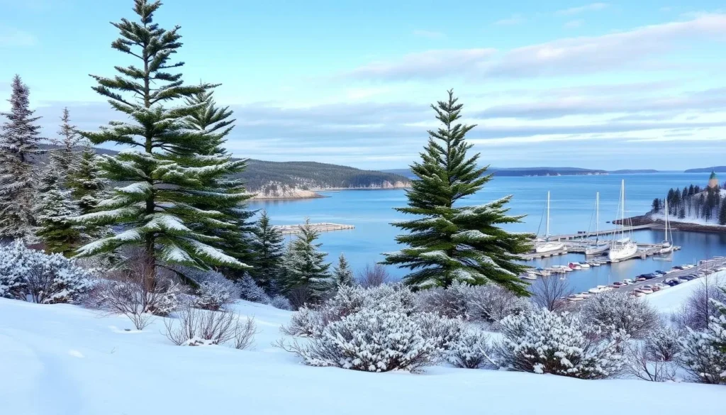 Imagine Bar Harbor in winter: a serene landscape blanketed in snow.