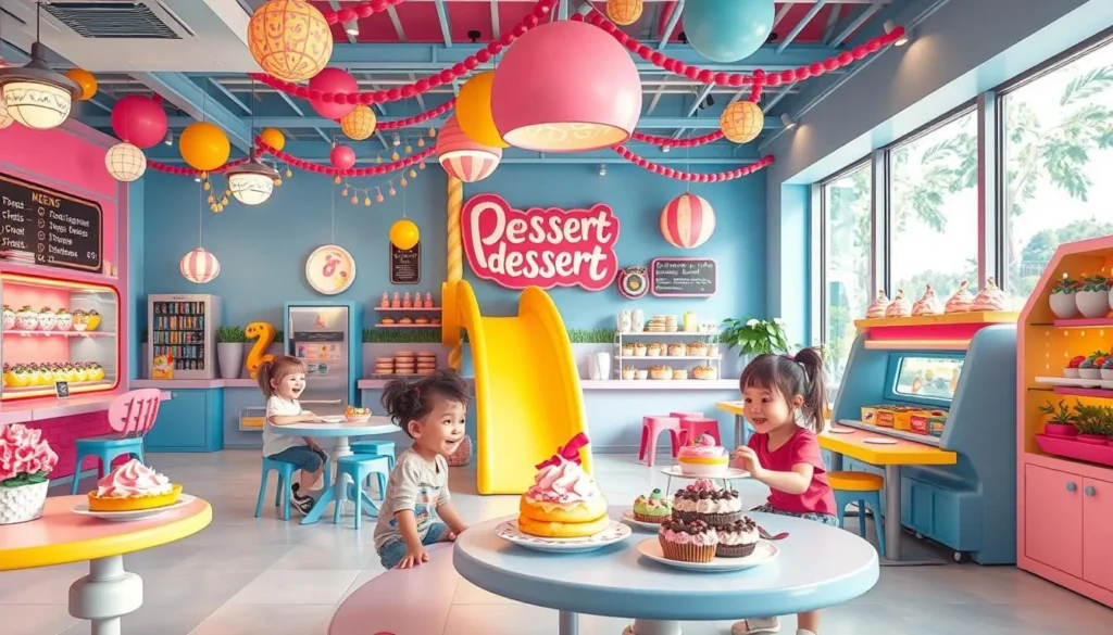 Imagine a dessert place with a colorful playground and a menu that kids can customize.