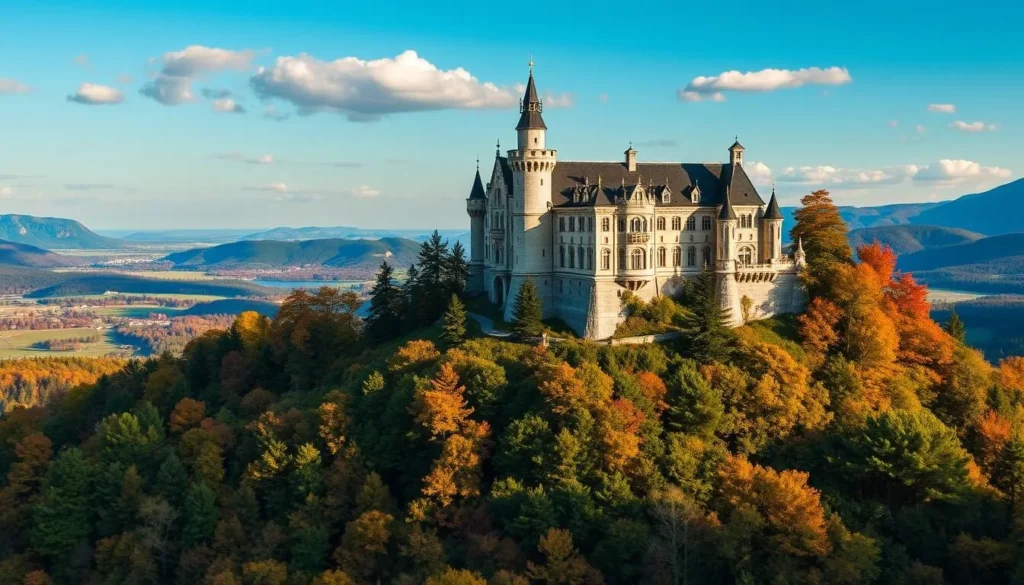 Imagine a majestic castle standing tall on a hill, surrounded by lush forests and offering breathtaking views.