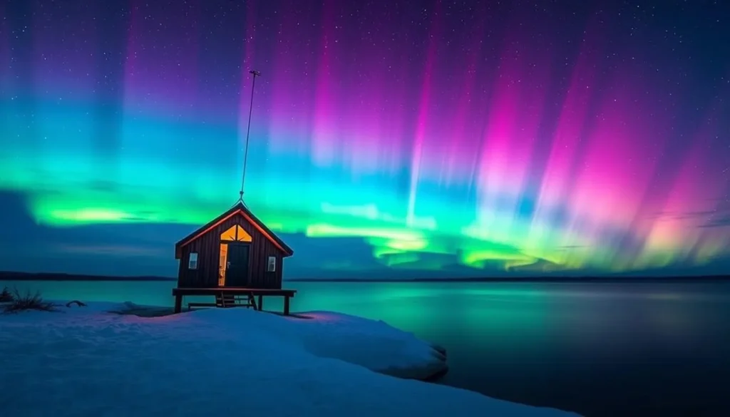 Imagine a serene getaway in a floating Aurora hut on Lake Inari, Finland, where the night sky is painted with vibrant colors.