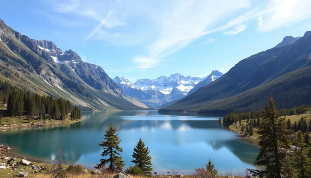 Imagine a serene lake surrounded by breathtaking mountains, perfect for a day of outdoor adventures.