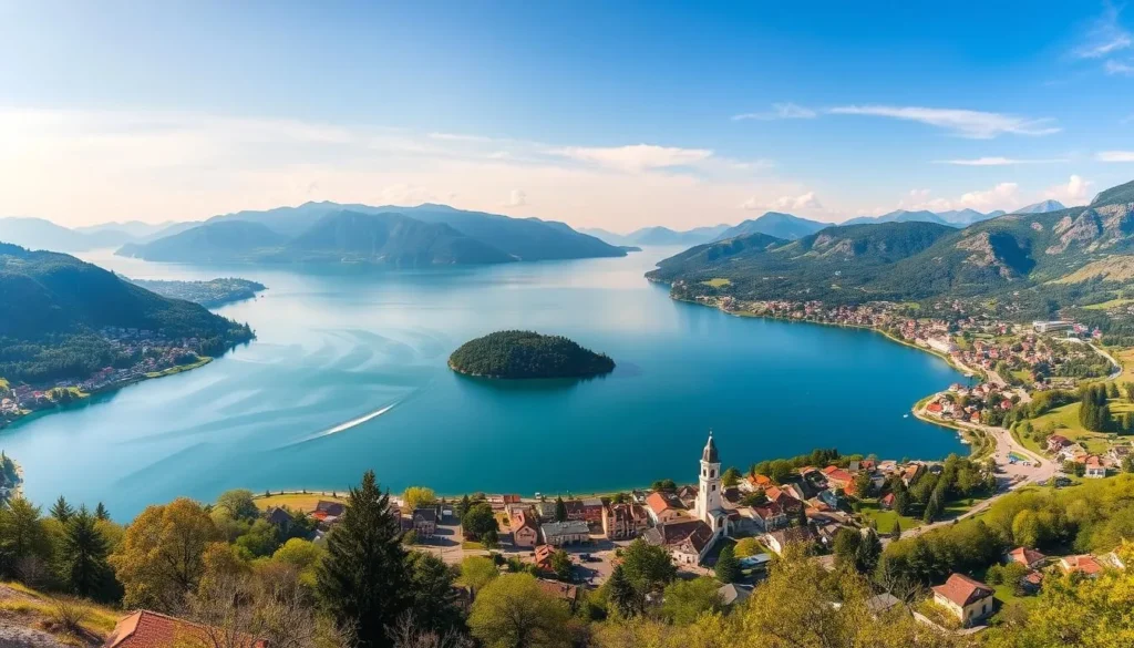 Imagine a serene lake surrounded by picturesque landscapes and vibrant towns, perfect for a day of adventure or relaxation.