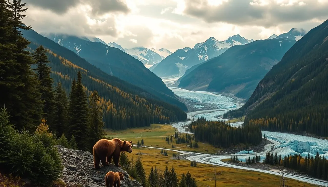 Imagine a serene valley surrounded by towering mountains and lush rainforests, where the sound of grizzly bears and the sight of glaciers leave you in awe.