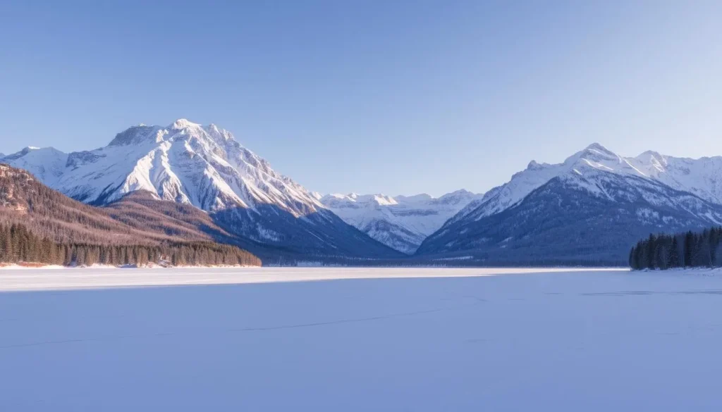 Imagine a serene winter landscape with snow-covered mountains and a frozen lake.
