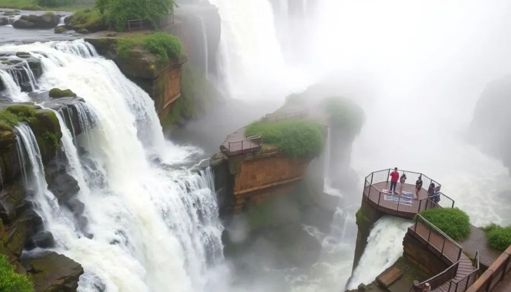 Imagine standing on a viewing platform surrounded by the mist of the falls, with the roar of the water thundering down around you.