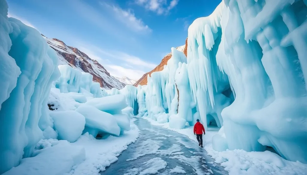 Imagine walking through a frozen landscape of towering ice sculptures and breathtaking frozen waterfalls in Maligne Canyon.