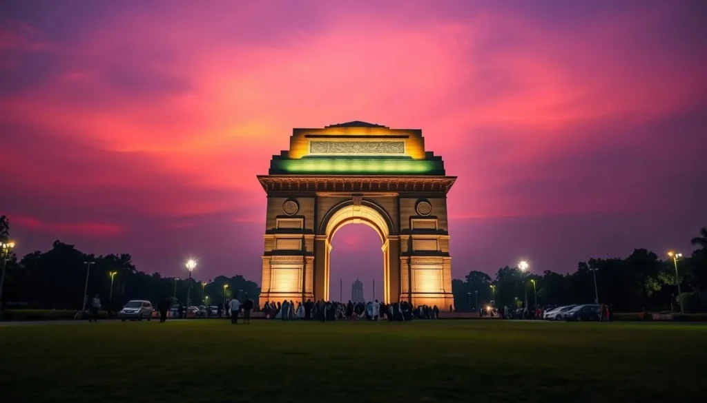 India Gate illuminated at dusk with visitors gathering on the lawns India Gate illuminated at dusk with visitors gathering on the lawns