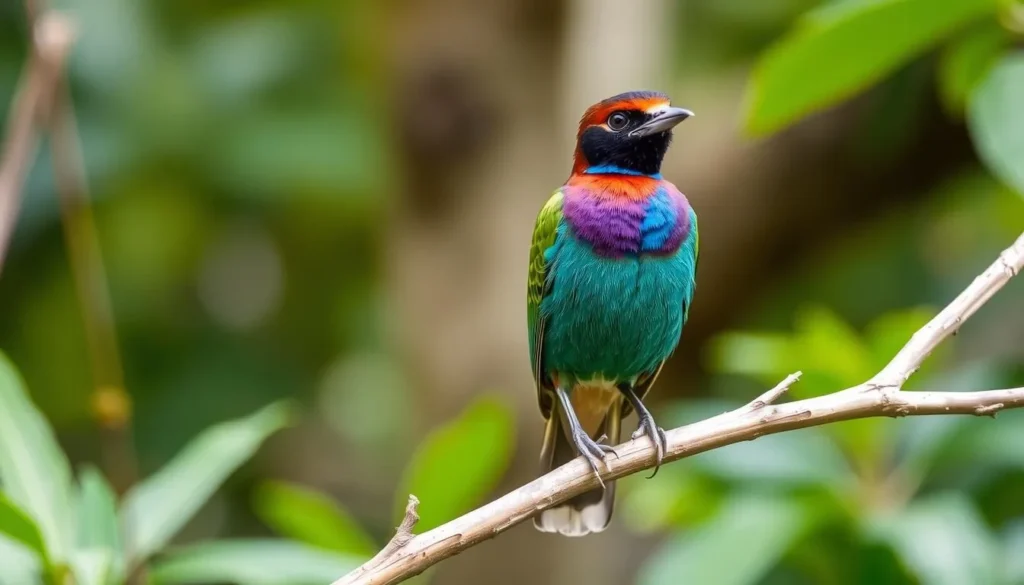 Indian Pitta bird perched on a branch in Kadigarh National Park, Bangladesh