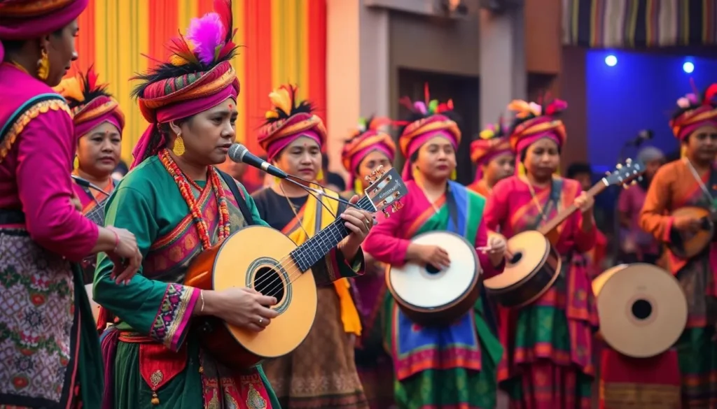 Indigenous cultural performance in Bandarban with traditional costumes and musical instruments