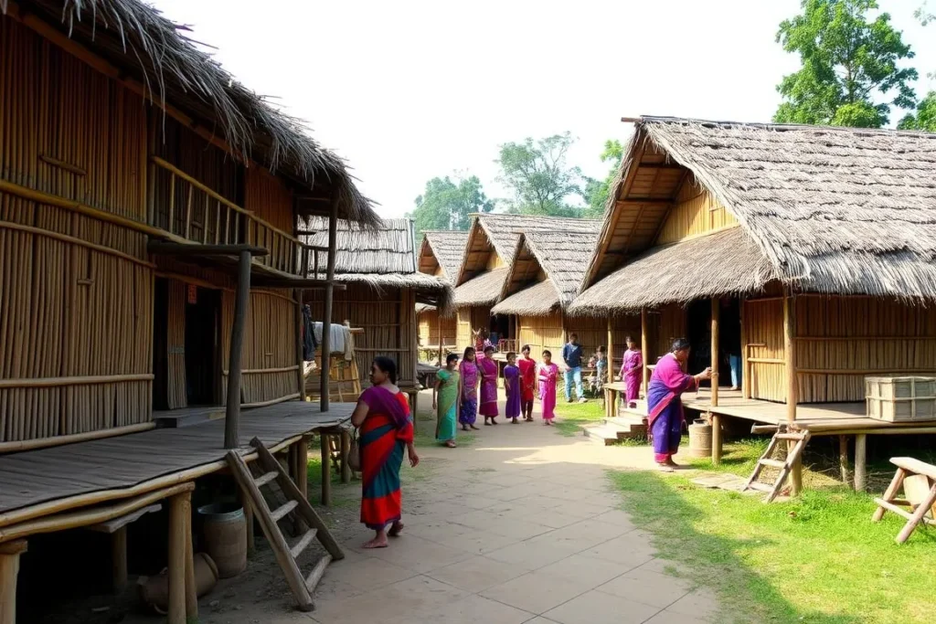Indigenous tribal village in Bandarban Hills with traditional houses and people in colorful attire