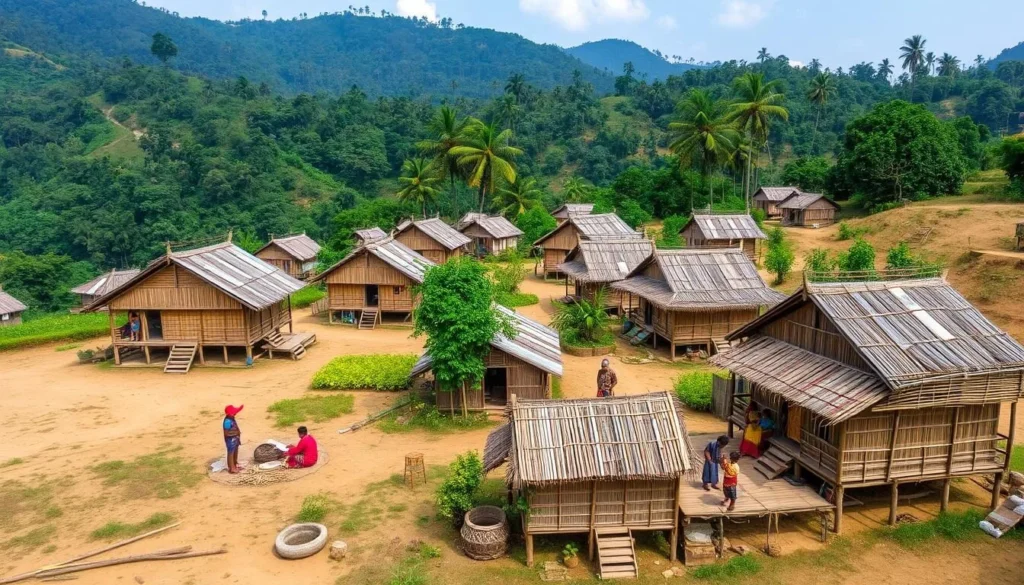 Indigenous village near Dumlong Range showing traditional houses and daily life