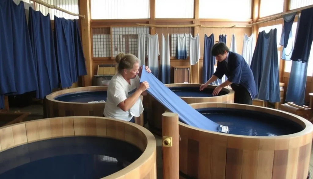 Indigo dyeing workshop in Tokushima with fabric being dipped in traditional vats Indigo dyeing workshop in Tokushima with fabric being dipped in traditional vats