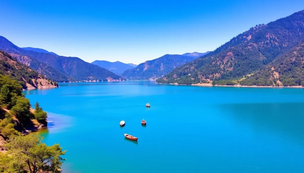 Indrasarovar Lake (Kulekhani Dam) with boats and surrounding hills