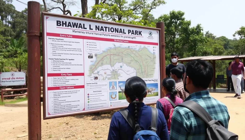 Information board at Bhawal National Park showing park rules, map, and wildlife information