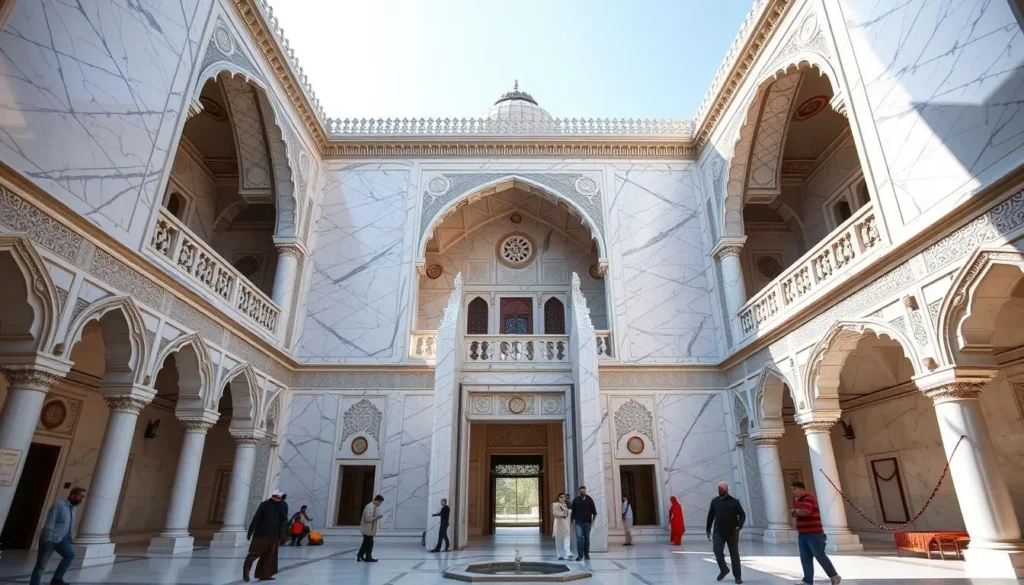 Interior courtyard of Mohabbat Khan Mosque with worshippers