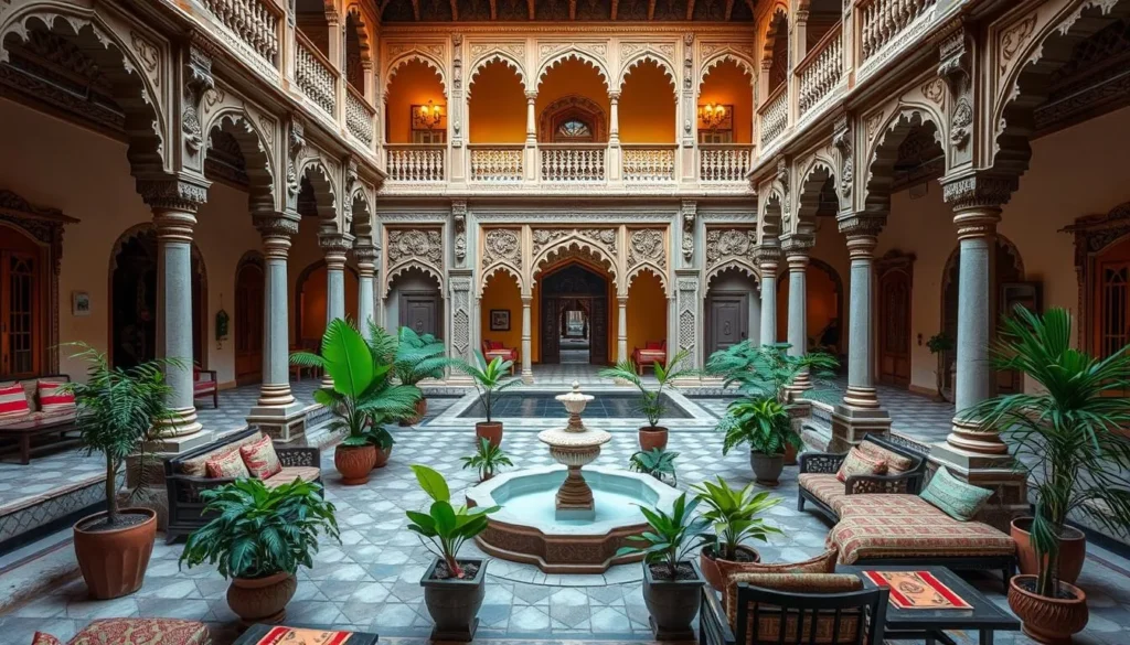 Interior courtyard of a luxury heritage hotel in Jaipur with traditional Rajasthani architecture and decor