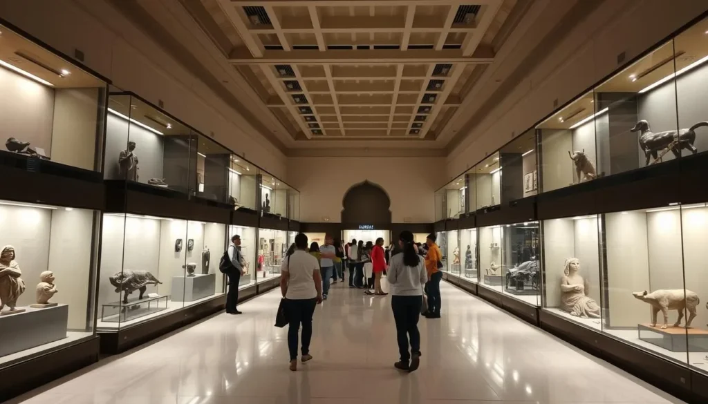 Interior gallery of Lahore Museum showing historical artifacts and displays