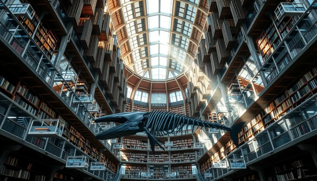 Interior of Biblioteca Vasconcelos showing the stunning architecture with hanging bookshelves and transparent walkways