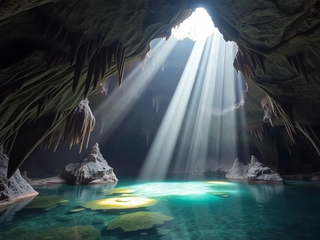 Interior of Bukilat Cave with natural light streaming through openings