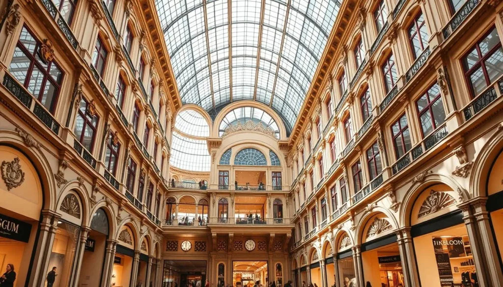 Interior of GUM department store showing the glass roof and elegant architecture Interior of GUM department store showing the glass roof and elegant architecture