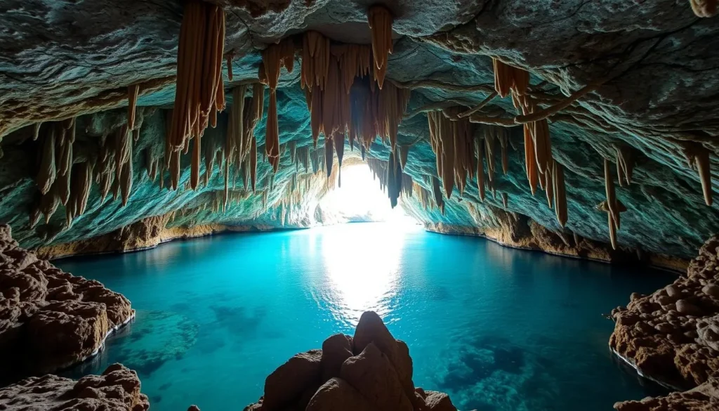 Interior of Hinagdanan Cave showing stalactites and crystal clear underground lagoon Interior of Hinagdanan Cave showing stalactites and crystal clear underground lagoon