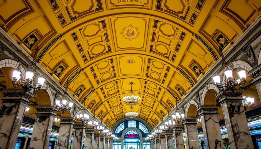 Interior of Komsomolskaya metro station in Moscow showing ornate ceiling with chandeliers Interior of Komsomolskaya metro station in Moscow showing ornate ceiling with chandeliers