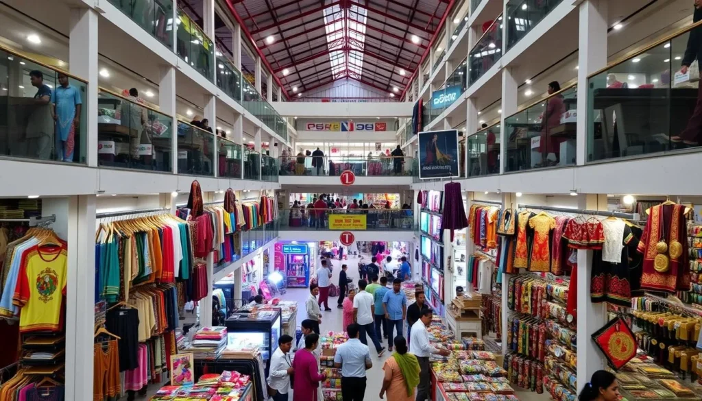 Interior of New Market in Chattogram showing shops selling traditional clothing and handicrafts