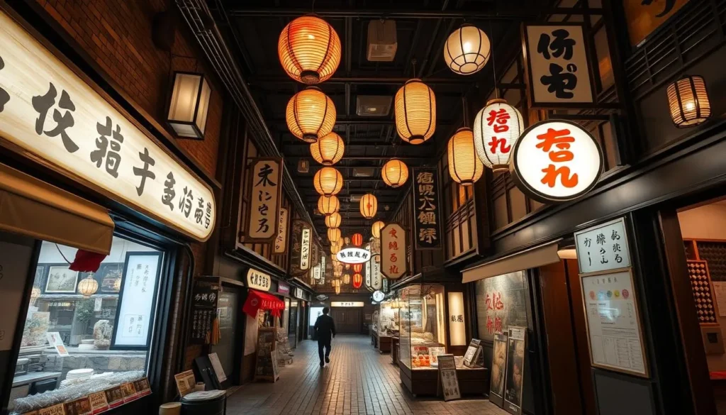Interior of Shin-Yokohama Ramen Museum showing the 1958 streetscape recreation with traditional ramen shops and lanterns