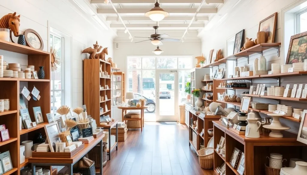 Interior of a boutique shop in downtown Cary showing displays of locally made products and gifts