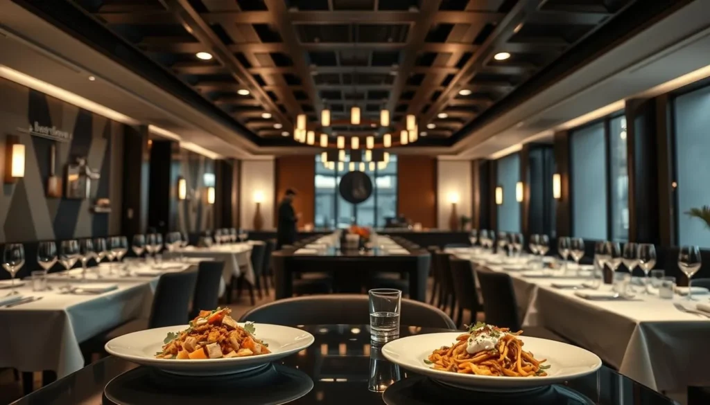 Interior of a high-end Mexico City restaurant with elegant plating of modern Mexican cuisine