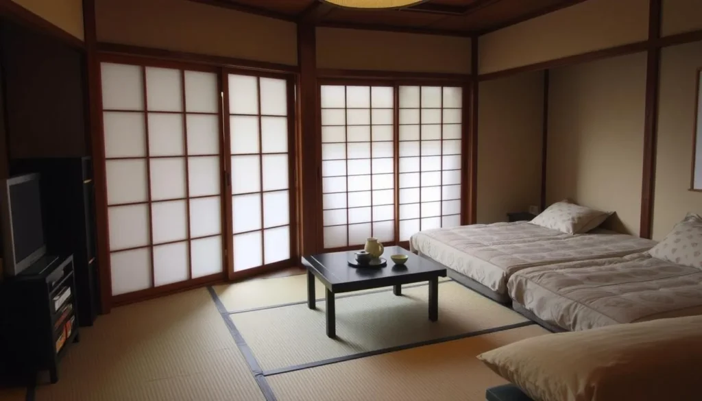 Interior of a traditional Japanese ryokan in Tokushima with tatami floors and sliding paper doors Interior of a traditional Japanese ryokan in Tokushima with tatami floors and sliding paper doors