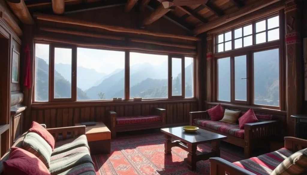 Interior of a traditional Kalasha guesthouse showing wooden architecture, colorful textiles, and mountain views from the windows