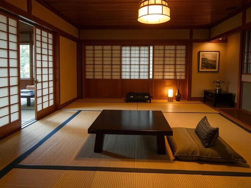 Interior of a traditional ryokan in Takayama with tatami mats and futon bedding, a popular accommodation choice when visiting Takayama Japan