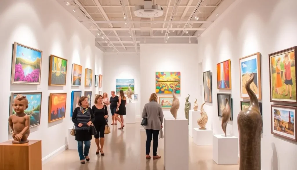 Interior of an art gallery in Saugatuck showing colorful paintings and sculptures with visitors browsing Interior of an art gallery in Saugatuck showing colorful paintings and sculptures with visitors browsing