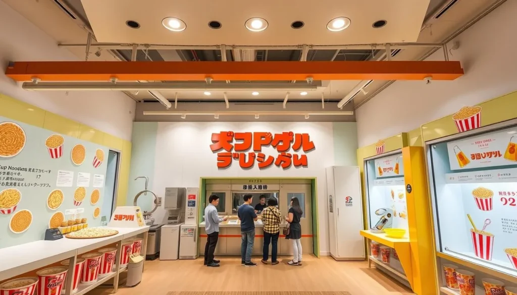 Interior of the Cup Noodles Museum in Yokohama with the colorful cup noodle making station where visitors can create custom cup noodles