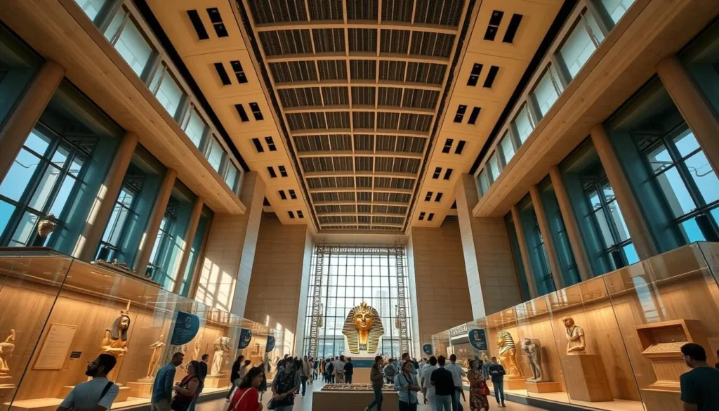 Interior of the Grand Egyptian Museum in Cairo Egypt showing artifacts and architecture