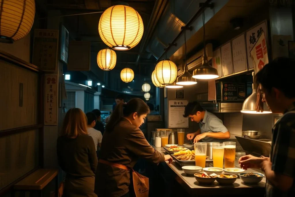 Interior view of a crowded yatai food stall in Fukuoka with chef preparing food and customers dining at counter
