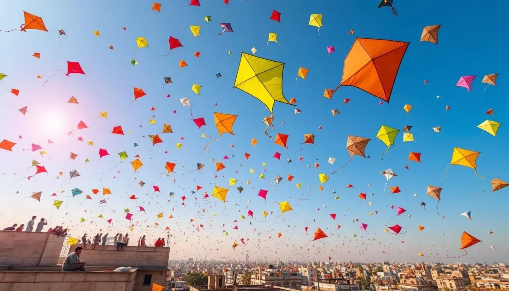 International Kite Festival in Ahmedabad showing colorful kites filling the sky during Uttarayan International Kite Festival in Ahmedabad showing colorful kites filling the sky during Uttarayan