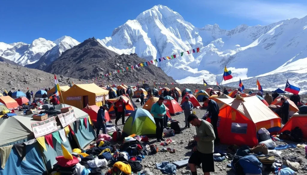 International climbing expedition camp at K2 Base Camp with climbers preparing equipment