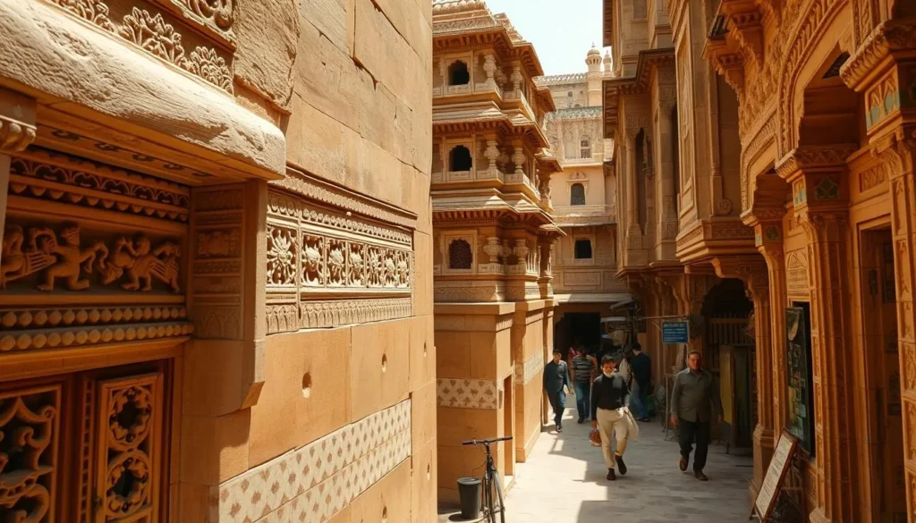 Intricate sandstone carvings on Jain temples inside Jaisalmer Fort with people exploring the narrow lanes Intricate sandstone carvings on Jain temples inside Jaisalmer Fort with people exploring the narrow lanes