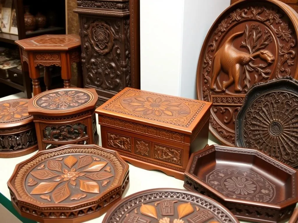 Intricately carved walnut wood furniture and decorative items from Kashmir