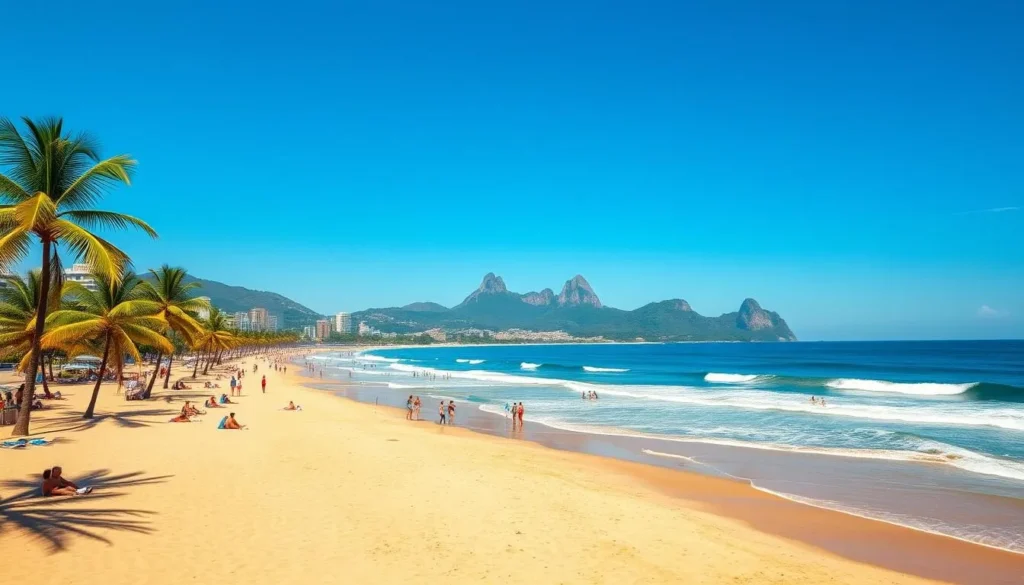 Ipanema Beach in Rio de Janeiro during perfect weather with palm trees, blue skies, and people enjoying the beach