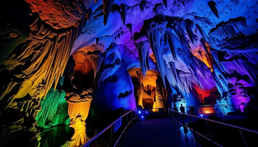 Ishigaki Island Limestone Cave with illuminated stalactites and stalagmites Ishigaki Island Limestone Cave with illuminated stalactites and stalagmites